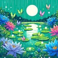 AI generated illustration of an idyllic natural scene featuring a lotus pond illuminated by the moon