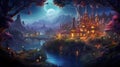 AI generated illustration of an Idyllic nightscape with a majestic castle in a picturesque forest