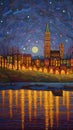 AI generated illustration of an idyllic nighttime painting of a riverfront cityscape