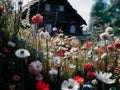 AI generated illustration of an idyllic, rustic wooden cottage in a lush meadow