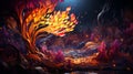 AI generated illustration of an idyllic scene featuring a bright fire tree