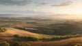 AI generated illustration of an idyllic sunset illuminates a landscape of rolling hills and trees Royalty Free Stock Photo