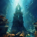 AI generated illustration of an idyllic underwater scene of the ancient ruins Royalty Free Stock Photo