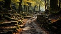 an alley in a forested area with stepping stones and tall trees