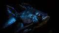 AI generated illustration of an illuminated blue fish swimming in a dark aquarium tank Royalty Free Stock Photo