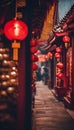 Illuminated Chinese lanterns illuminating the night sky with a warm, vibrant glow