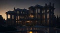 a mansion with dark windows and a pool at night time