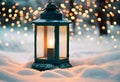 AI generated illustration of an illuminated lantern in a winter landscape dotted with sparkly lights Royalty Free Stock Photo