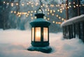 AI generated illustration of an illuminated lantern in a winter landscape dotted with sparkly lights Royalty Free Stock Photo