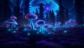 AI generated illustration of an illuminated nighttime scene of a cluster of glowing mushrooms