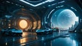 cars are in a futuristic spaceship, surrounded by a planet Royalty Free Stock Photo