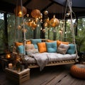 this is an outdoor swing bed on the deck with a hanging light and a basket