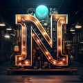 the letter n with industrial pipes, valves and lamps, in front of a factory Royalty Free Stock Photo