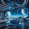 a futuristic bedroom with an enormous space station and moon in the sky