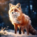 Red fox in white Cold winter with orange fur Hunting animal in the snowy