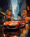 a painting of a red sports car driving down a busy street Royalty Free Stock Photo