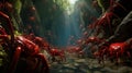 AI generated illustration of An image of a rocky cave area with a large concentration of red ants