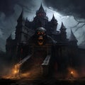 AI generated illustration of an imposing gothic castle with a spooky creature in the foreground