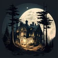 a dark mansion on a dark background, with the moon in the sky Royalty Free Stock Photo