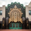 AI generated illustration of an impressive art deco building with a symmetrical facade entrance