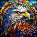 AI generated illustration of an impressive bald eagle perched on the ornate stained glass window Royalty Free Stock Photo