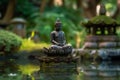 AI generated illustration of an impressive gray stone statue of Buddha on a tranquil pond