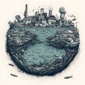 AI generated illustration of an industrial cityscape over water with fish