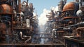 AI generated illustration of an industrial landscape featuring a variety of pipes, valves