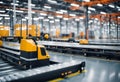 AI generated illustration of an industrial warehouse scene with multiple conveyor trucks Royalty Free Stock Photo