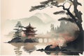 AI-generated illustration of an ink wash painting of an ancient Asian temple