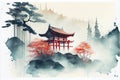 AI-generated illustration of an ink wash painting of an ancient Asian temple