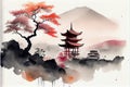 AI-generated illustration of an ink wash painting of an ancient Asian temple