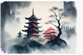 AI-generated illustration of an ink wash painting of an ancient Asian temple on a hill