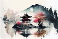 AI-generated illustration of an ink wash painting of an ancient Asian temple by a lake