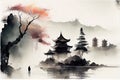 AI-generated illustration of an ink wash painting of an ancient Asian temple by a lake