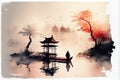 AI-generated illustration of an ink wash painting of a lake, a man riding on a boat by a temple