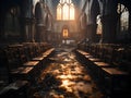 AI generated illustration of an interior of an abandoned church with weathered chairs