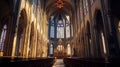 AI generated illustration of an interior of an ancient cathedral with ornate stained glass windows