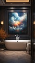 a bathroom has a big painting on the wall above it Royalty Free Stock Photo