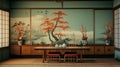 AI generated illustration of the interior of a Chinese-style room with Oriental painting on the wall Royalty Free Stock Photo