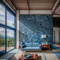 AI generated illustration of an interior of an Eastern-inspired living room featuring blue walls