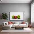 AI generated illustration of an interior with minimalist Apple wall art and white couch, sunlight