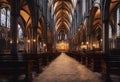 AI generated illustration of an interior view of a grand cathedral, featuring multiple wooden pews