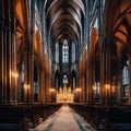 AI generated illustration of an interior view of a grand cathedral, featuring ornate wooden pews