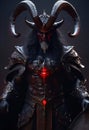 an evil goat character in armor with glowing horns and horns