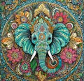 AI generated illustration of an intricate artwork of an elephant head on a colourful backdrop adorned with flowers Royalty Free Stock Photo