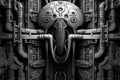 AI generated illustration of an intricate labyrinth with an alien figure in the center in grayscale