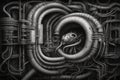 AI generated illustration of an intricate labyrinth with an alien figure in the center in grayscale