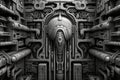 AI generated illustration of an intricate labyrinth with an alien figure in the center in grayscale