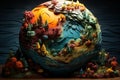 AI generated illustration of an intricate paper sculpture of a globe against a dark background